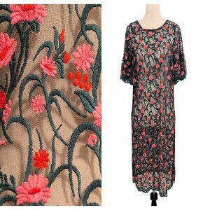 Moulinette Soeurs Womens Size S Green Pink Floral Embroidered Mesh Tunic Dress